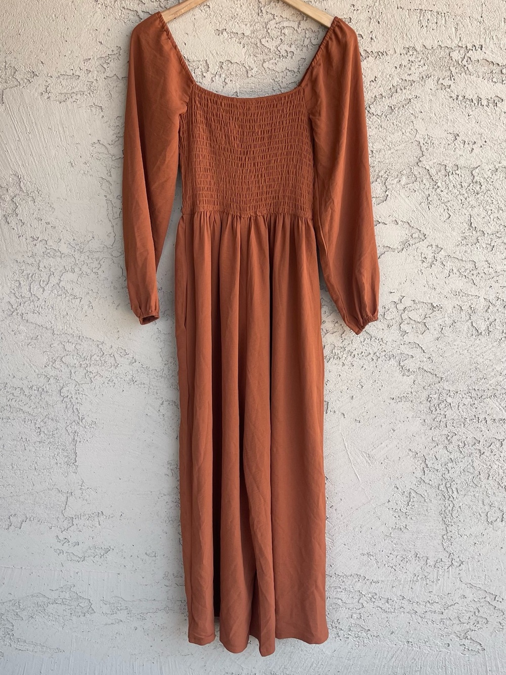 Burnt Orange Smocked Square Neck Long Sleeve Wide Leg Jumpsuit Boho Size Small